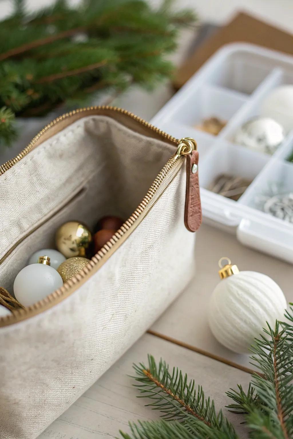 Ornament hooks, spare bulbs, and hangers—organized in one zip pouch right inside your decor bin.