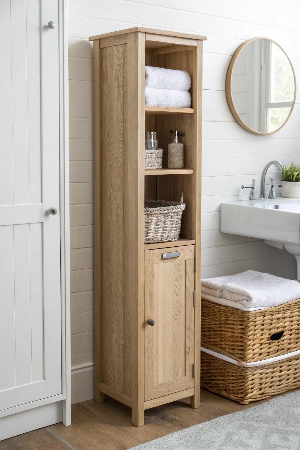 A slim built-in-look cabinet keeps towels and spare rolls hidden—calm cloakroom, zero clutter.
