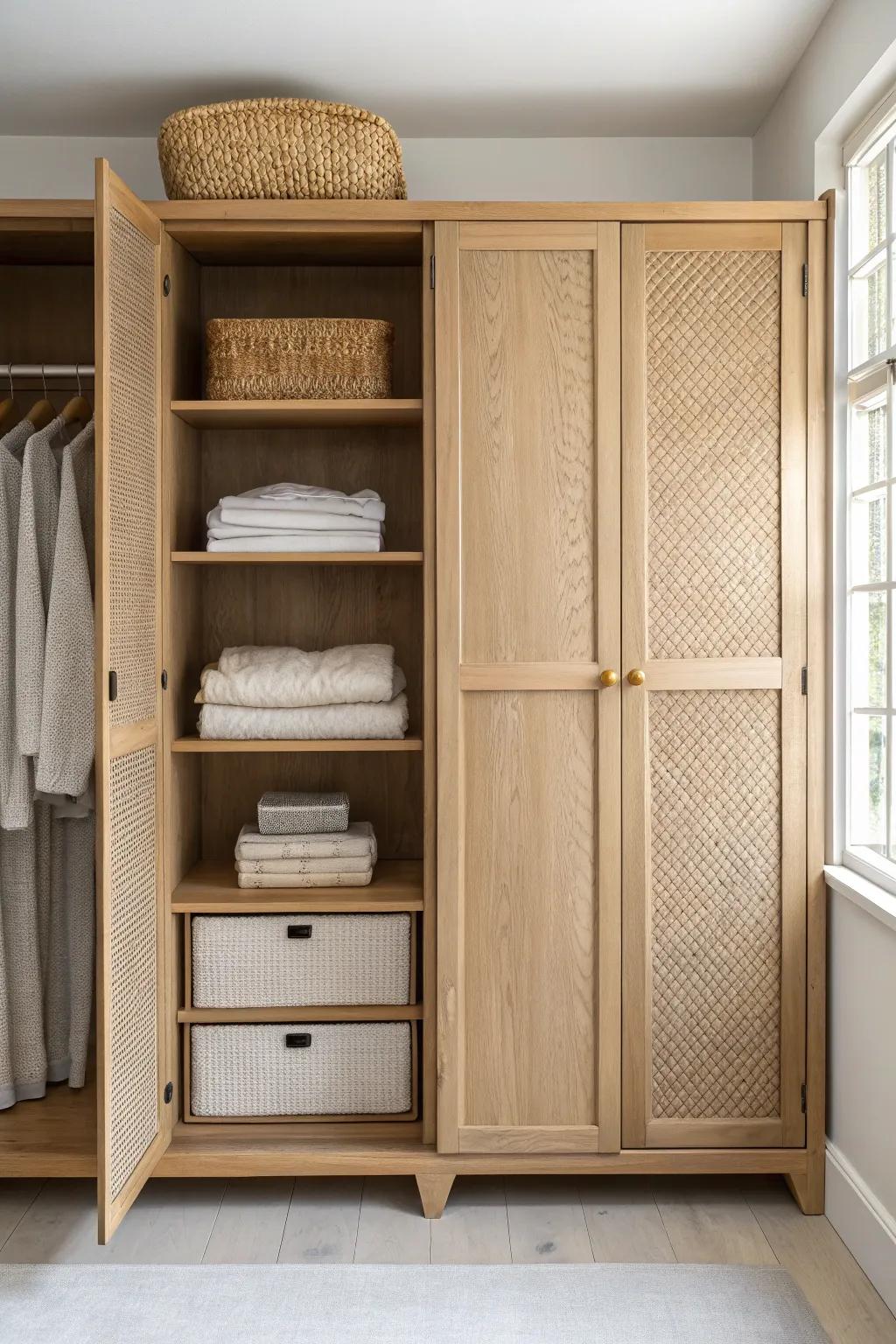 Open shelves for pretty stacks, closed doors for clutter—balanced closet cabinet bliss.