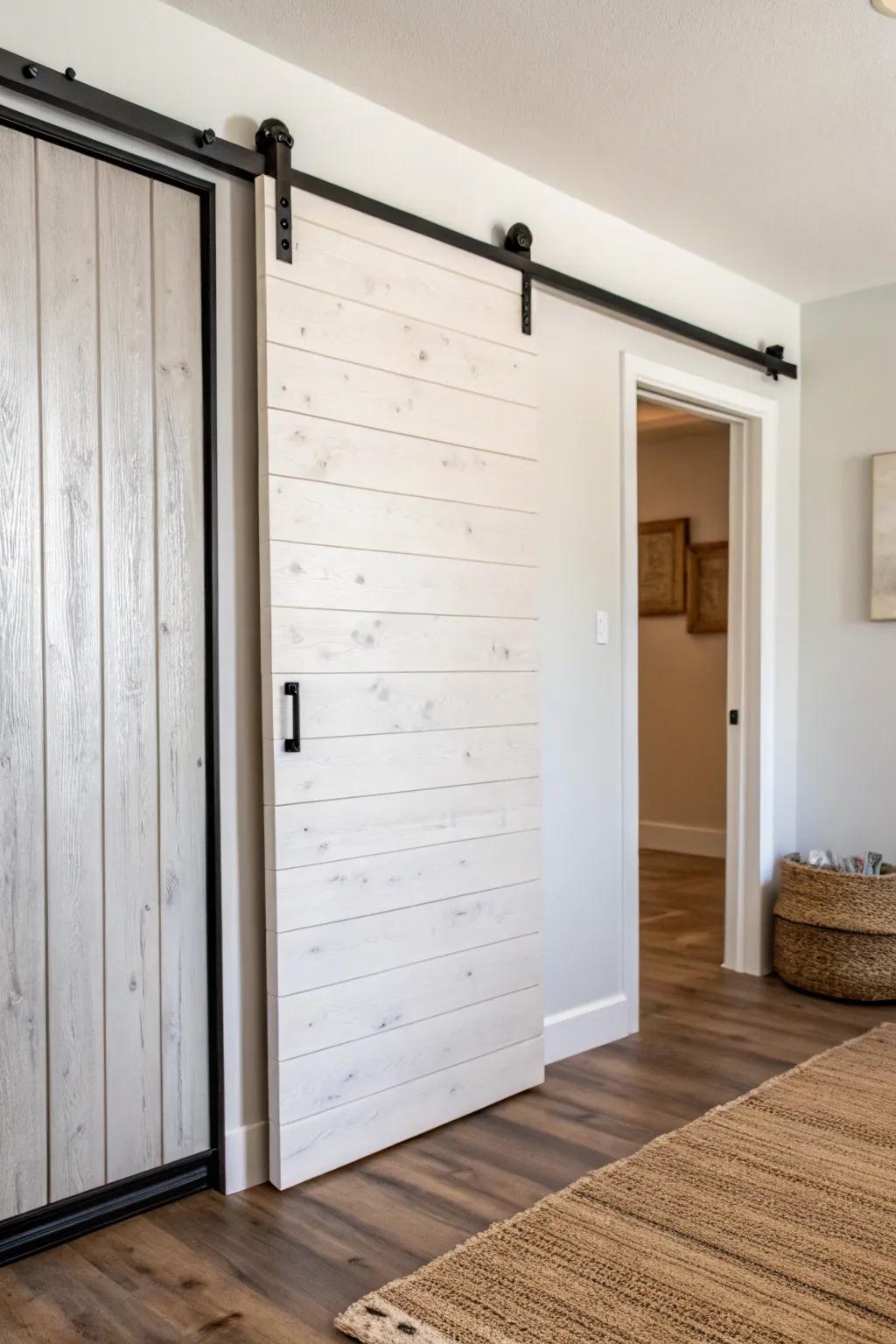Shiplap sliding closet door: cozy texture, space-saving function, and minimalist charm.