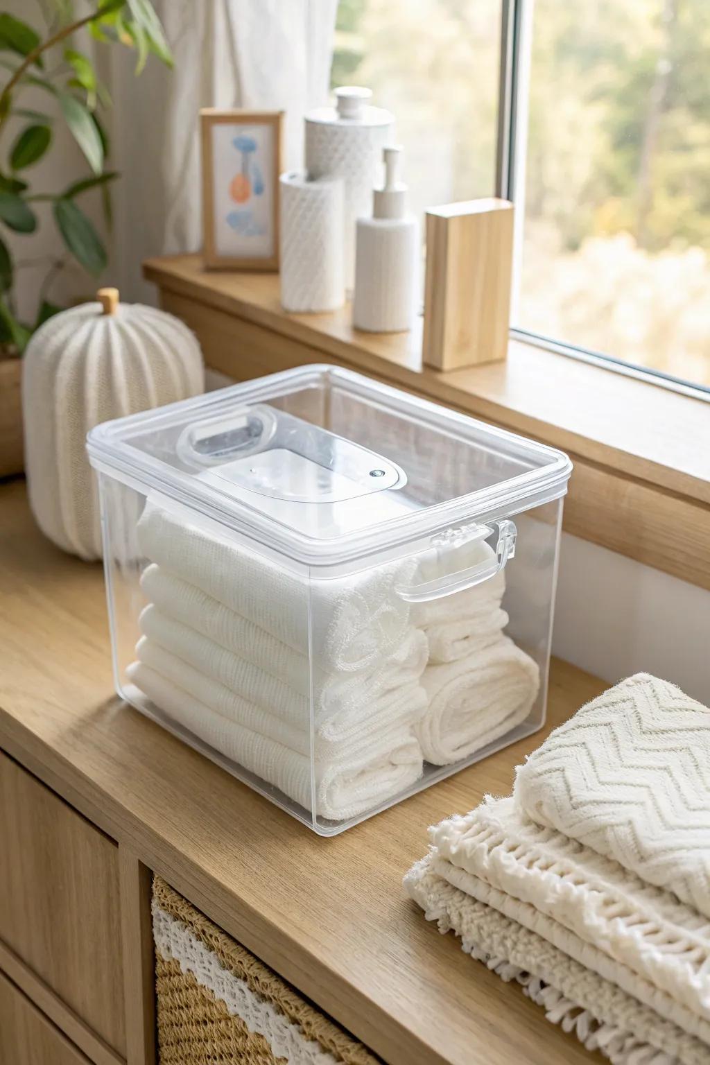 Clear bins make closet nurseries effortless—see essentials at a glance and restock before panic.