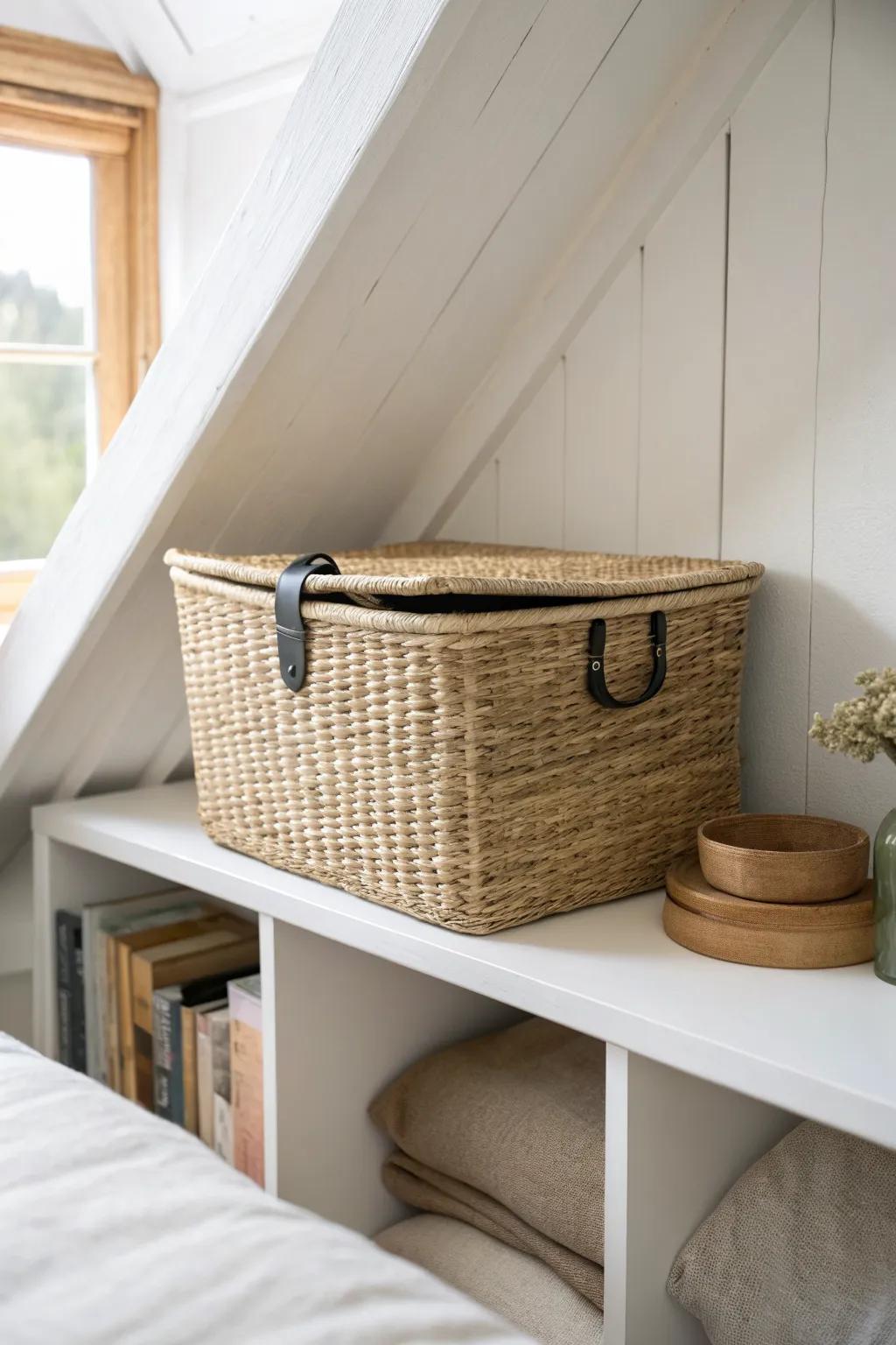 A lidded woven basket on the top shelf keeps your closet reading nook calm and clutter‑free.
