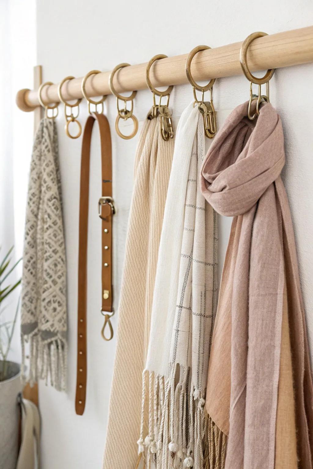 Curtain rod + clips turn scarves and belts into a chic, small-space wardrobe display.