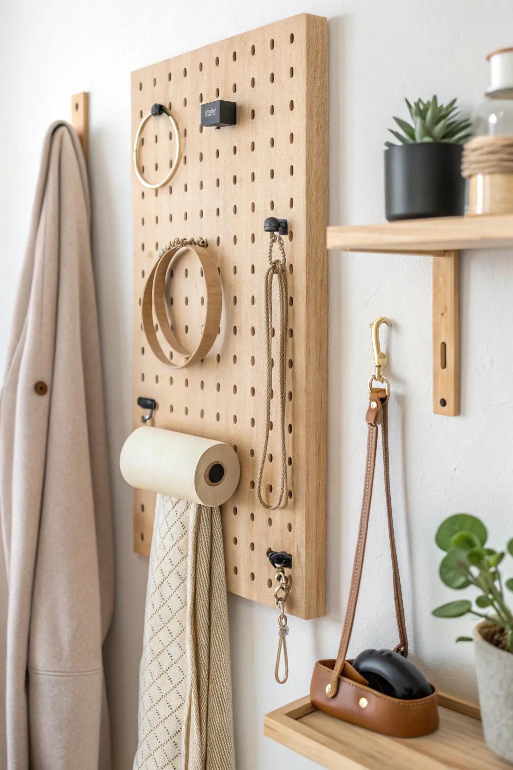 A movable pegboard keeps tiny closet essentials tidy—without taking up precious shelf space.