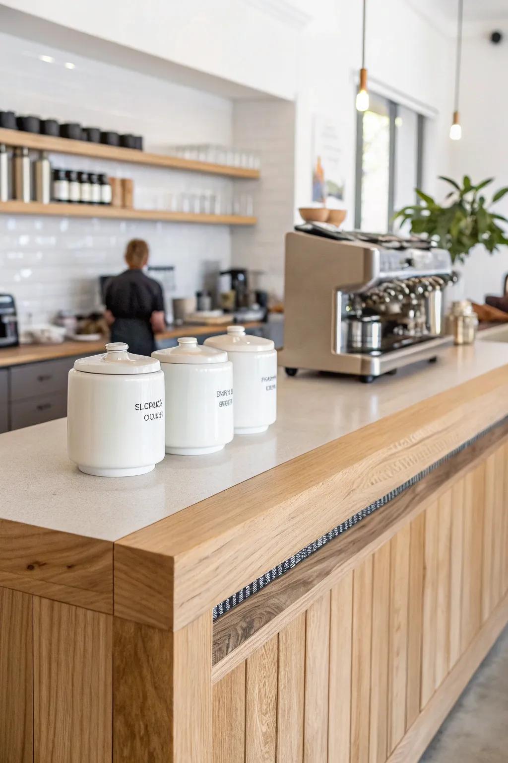 A simple counter riser creates a second shelf—double coffee bar space with zero drilling.