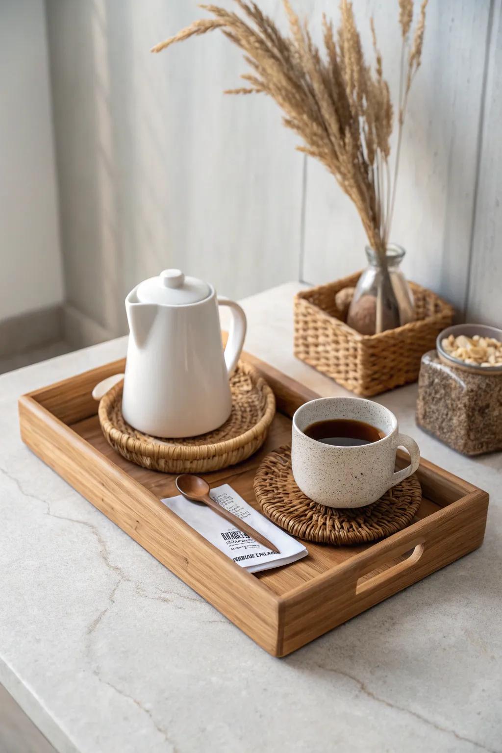 A serene coffee + tea combo corner: one tray, natural textures, and calm minimalist style.
