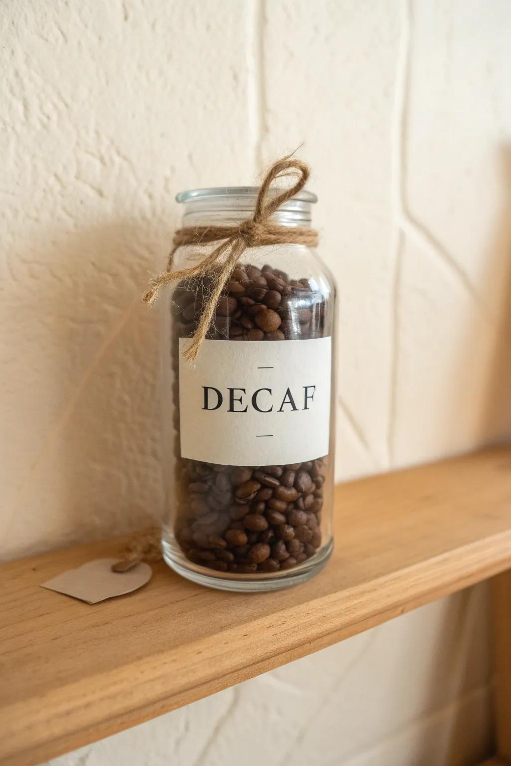One labeled jar = calm mornings. Mark regular/decaf + roast notes for tidy coffee storage.
