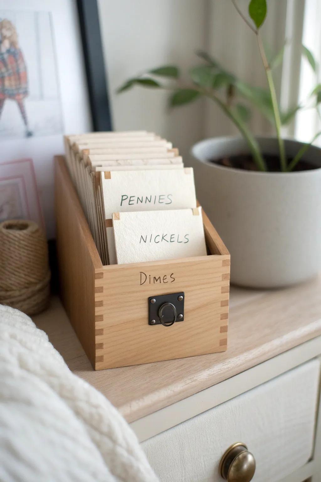 Mini file box + labeled envelopes: a tidy, compact coin filing system for the smallest shelves.