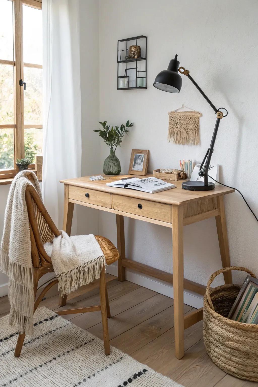 A calm, clutter-free study nook: task light, tiny organizer, and one photo for focus.