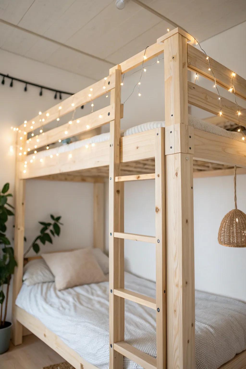 Wrap warm string lights on your loft bed frame for an instant cozy under-loft glow.