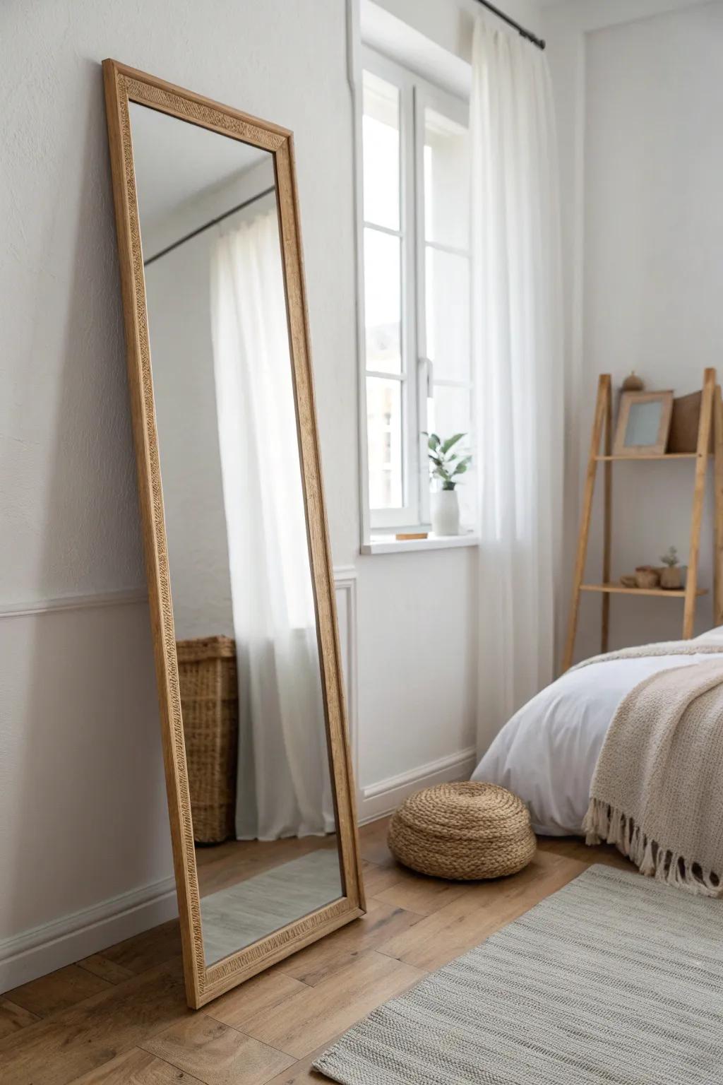 Lean a full-length mirror to bounce window light and make even a tiny dorm feel bigger.