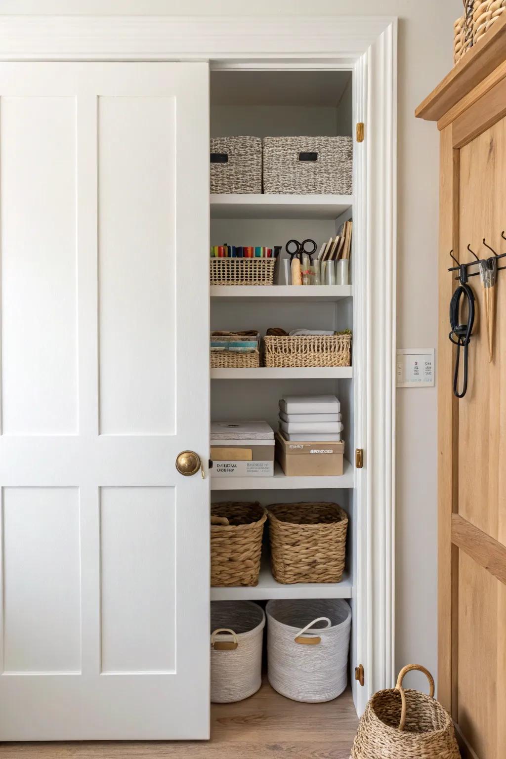A shallow closet becomes a calm craft + office hub—hooks, bins, and one clean closed door.