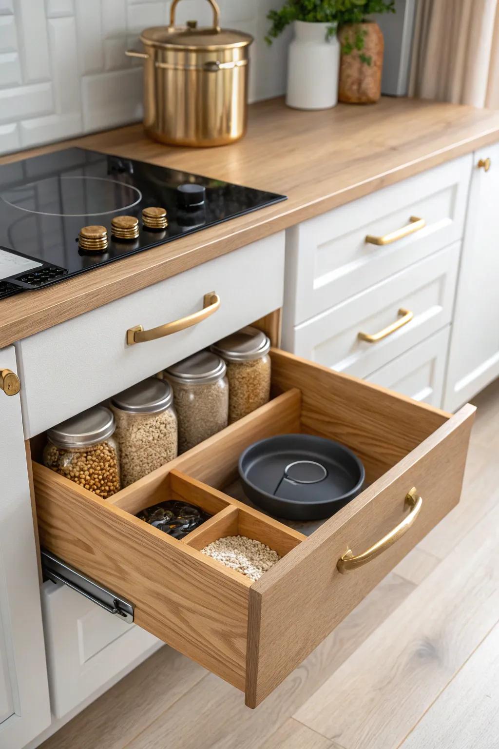 Favor deep drawers: organized pots, lids, and staples—everything visible in one pull.