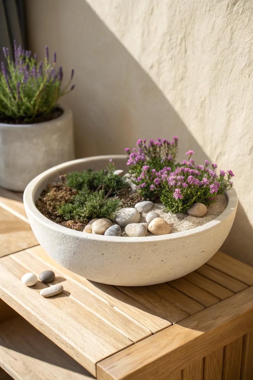 Creeping thyme tucked between river stones—minimal rock garden style with a fresh herb scent.