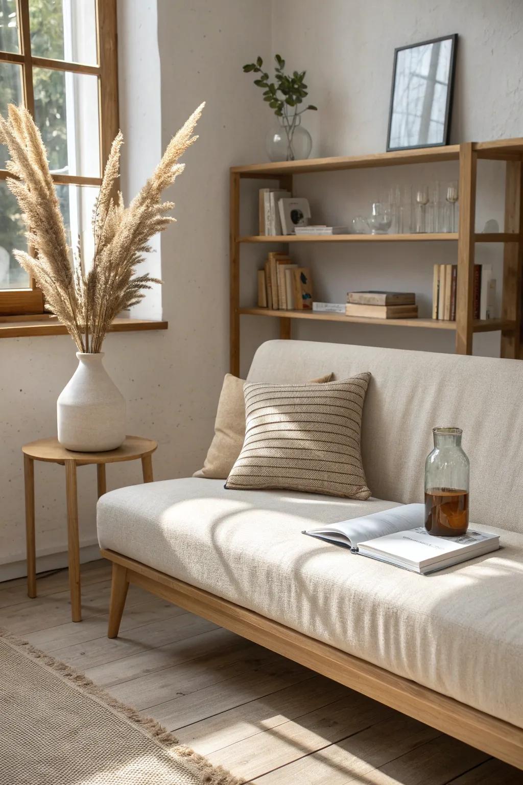 A slim sofa-back shelf adds style and function—perfect for small living rooms and tight layouts.