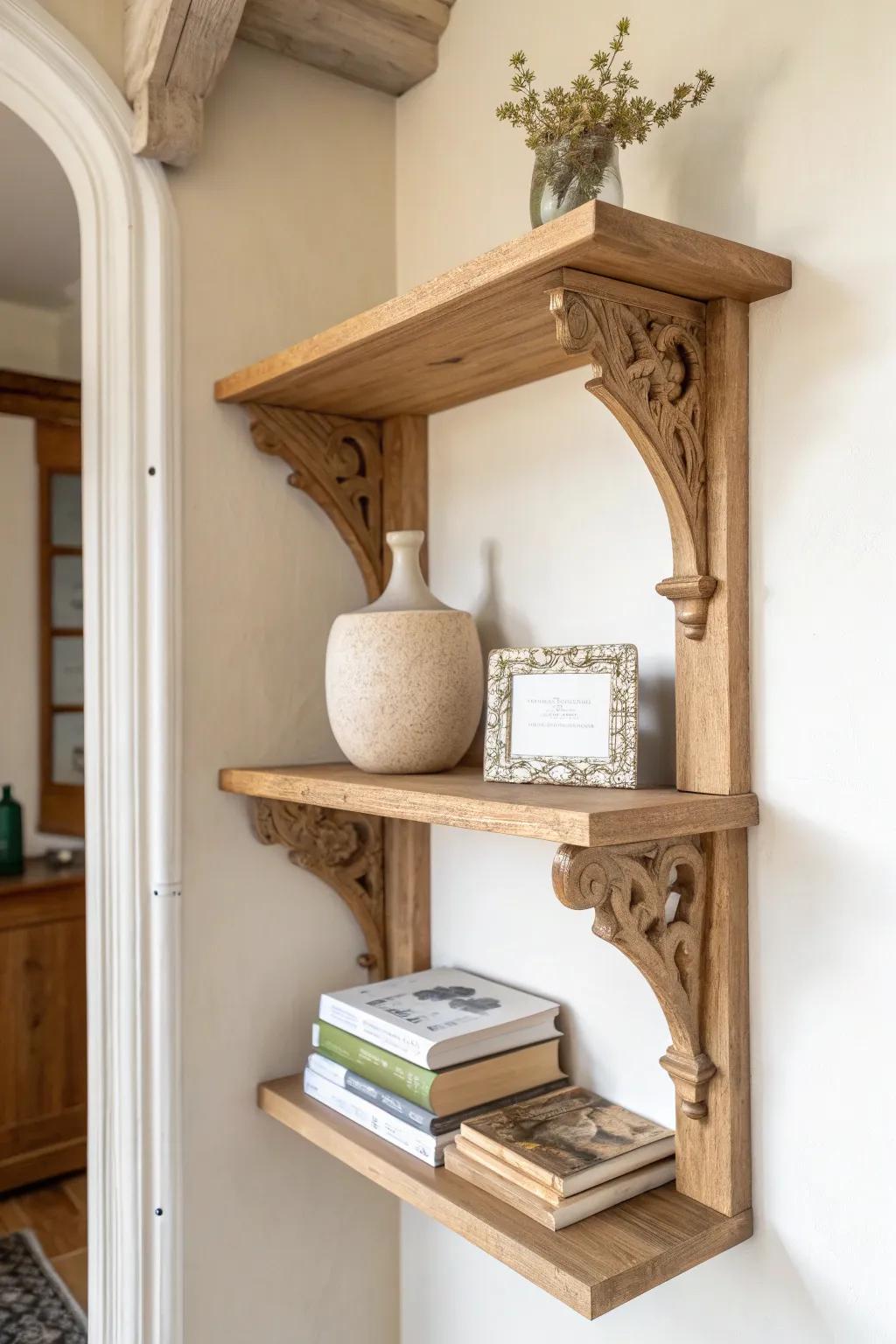 Double-tier corbel shelf styling: keep the top airy, let the bottom hold the statement.