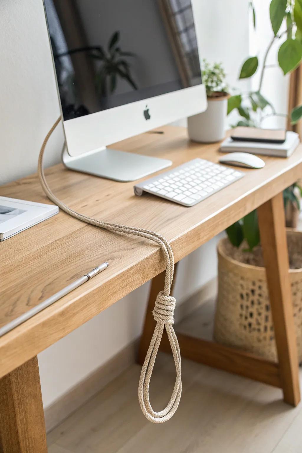 A simple slack loop keeps your standing desk cords gliding smoothly—no yanks, no unplugging.