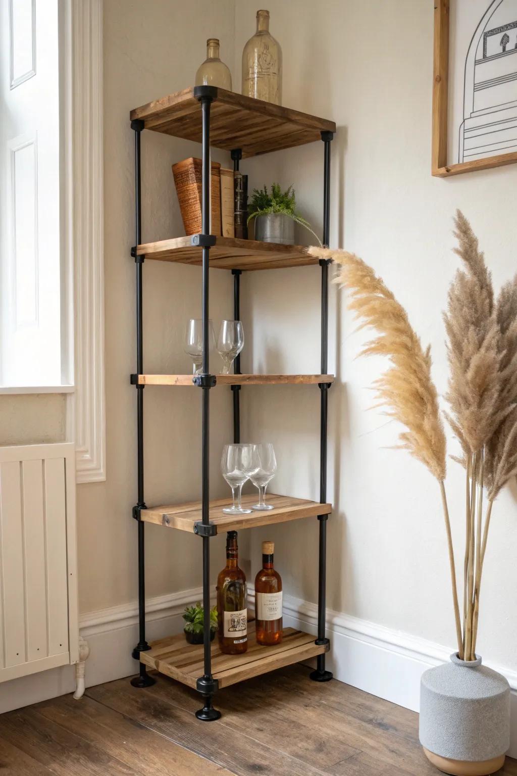 Minimal industrial pipe corner bar shelves—space-saving, airy, and beautifully handcrafted.