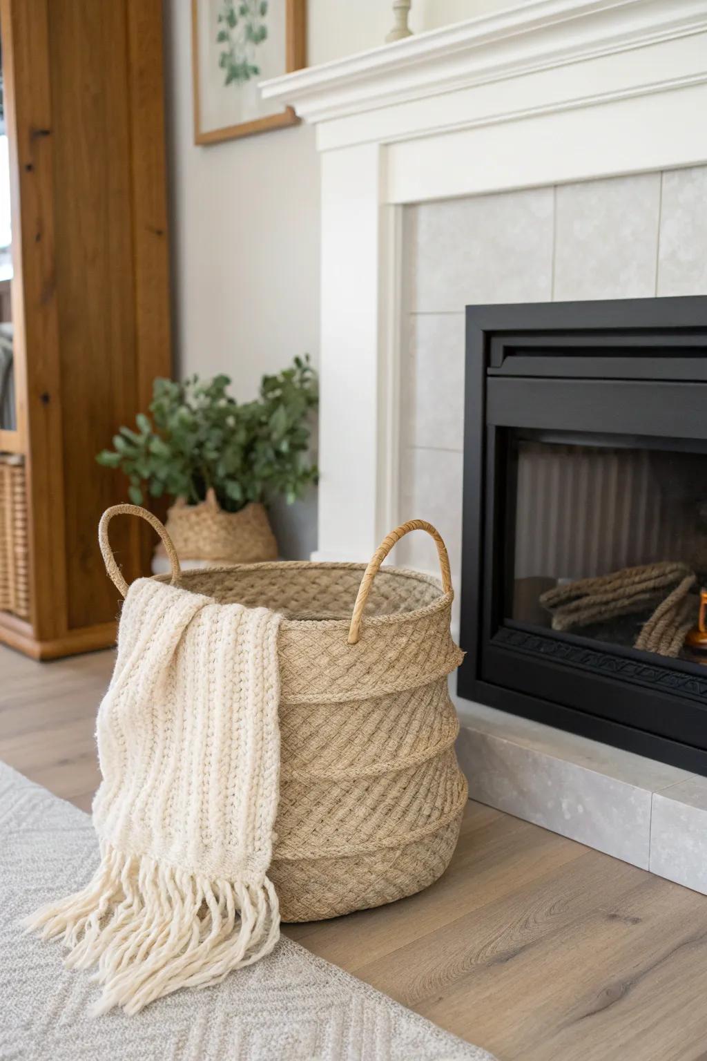 A woven basket under the corner fireplace mantel keeps blankets handy and the nook beautifully tidy.