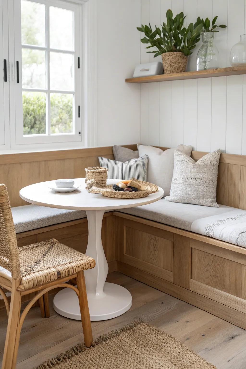 A right-angle bench turns a tiny corner into a cozy breakfast nook—without extra chairs.