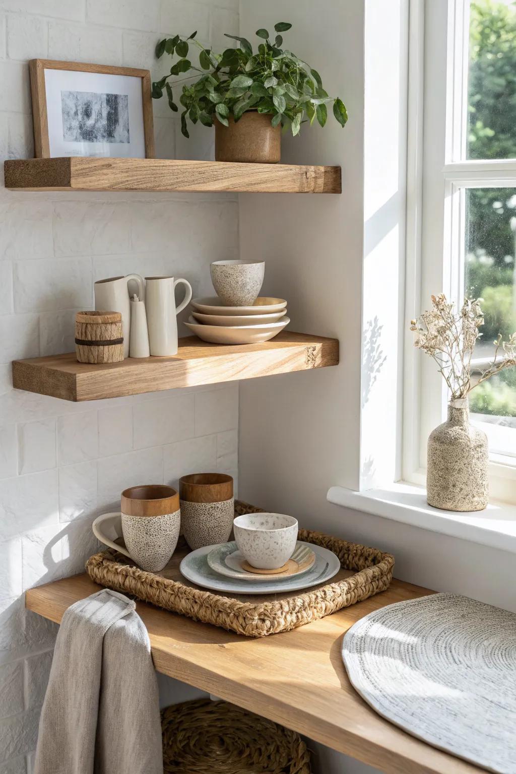Floating corner shelves create a pretty mini mug-and-bowl station beside your tiny table.