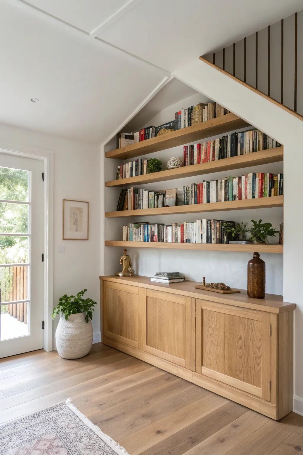 Wrap shelves around a corner doorway for a cozy built‑in library look in small spaces.