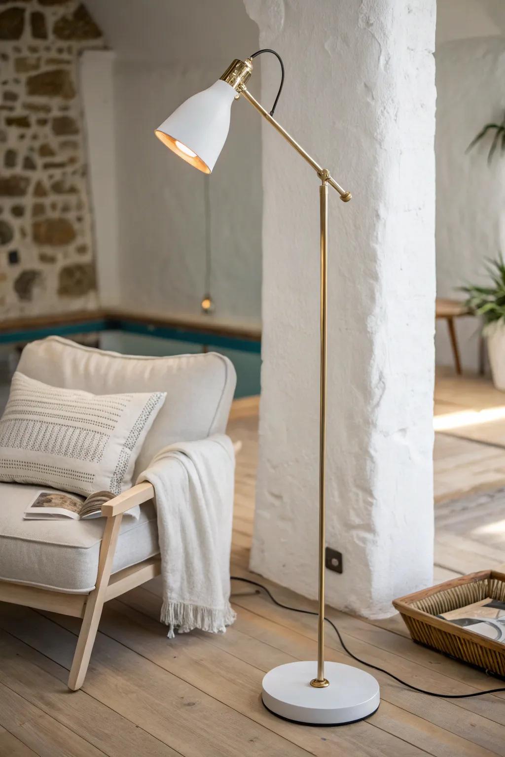 A corner reading lamp with an adjustable head keeps bedtime light focused and calm.