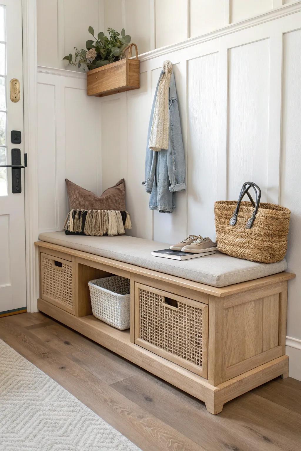 A sleek corner bench with a hidden pull-out bin—perfect for gloves and reusable bags.