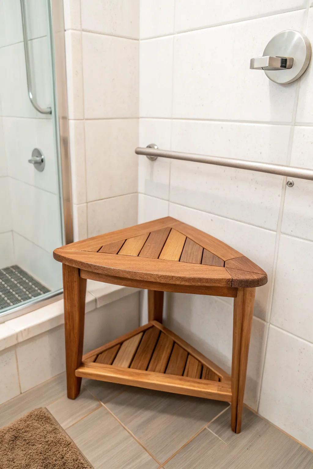 A corner shower bench with a clean wall zone beside it—perfect for adding a grab bar.