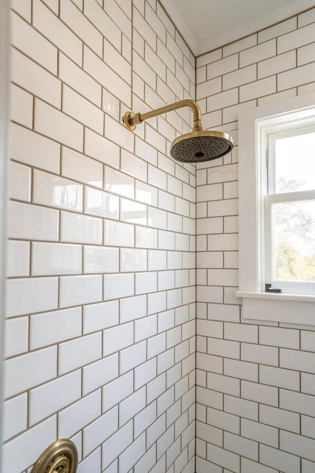 Glossy white subway tile makes a corner shower feel brighter, cleaner, and more spacious.