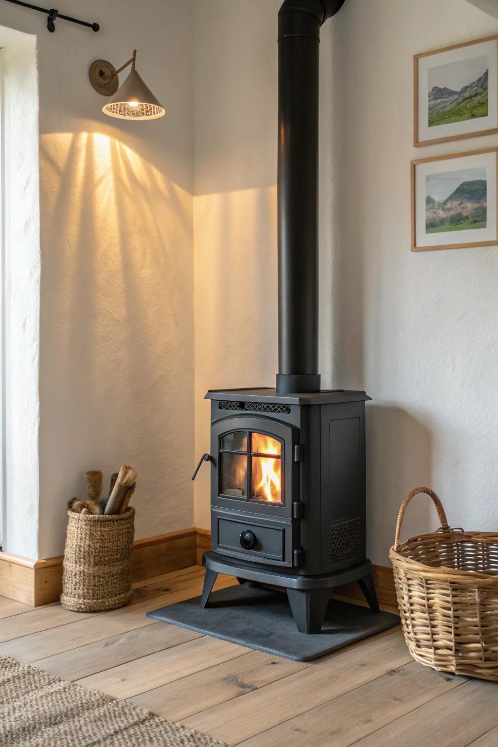 A warm spotlight turns a corner stove into a cozy statement piece—like art for small spaces.