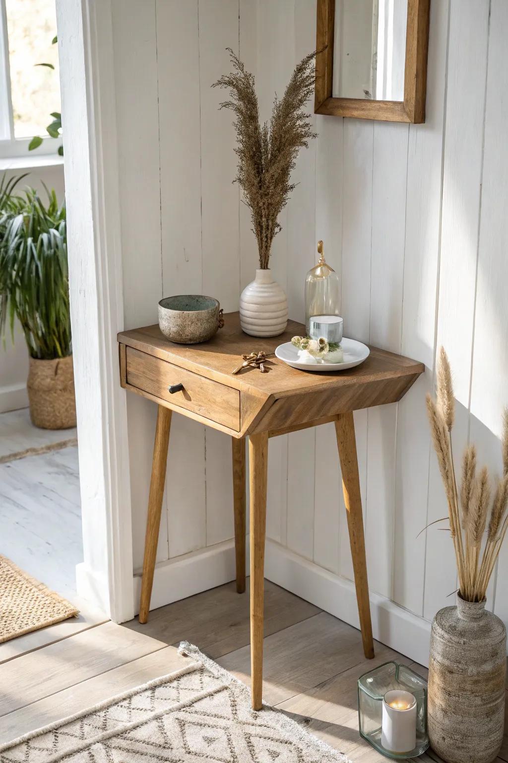 Turn a corner table into a chic mini entry drop zone with a tray, dish, and tiny vase.