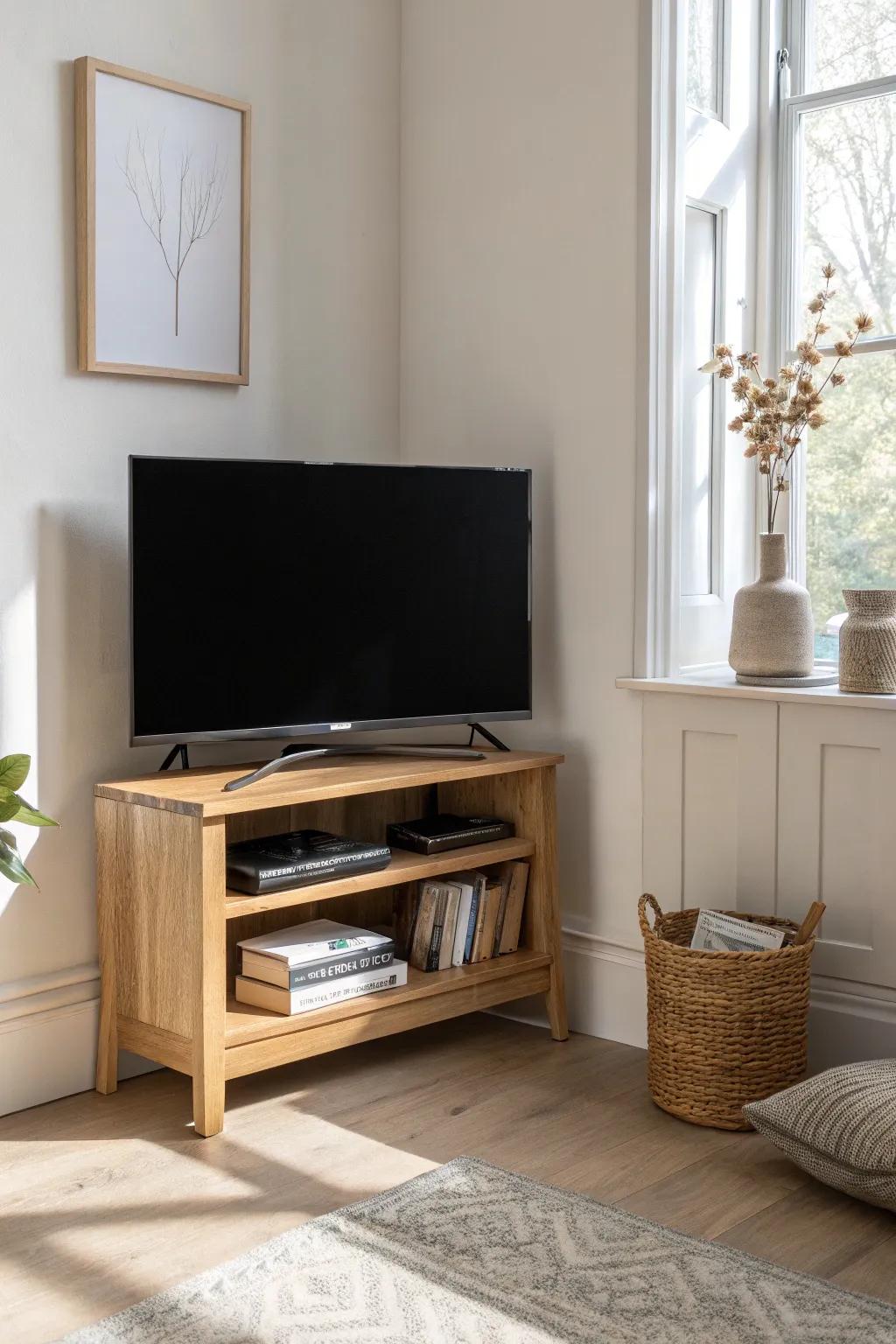 Diagonal corner TV placement for better sightlines in a small, narrow living room.