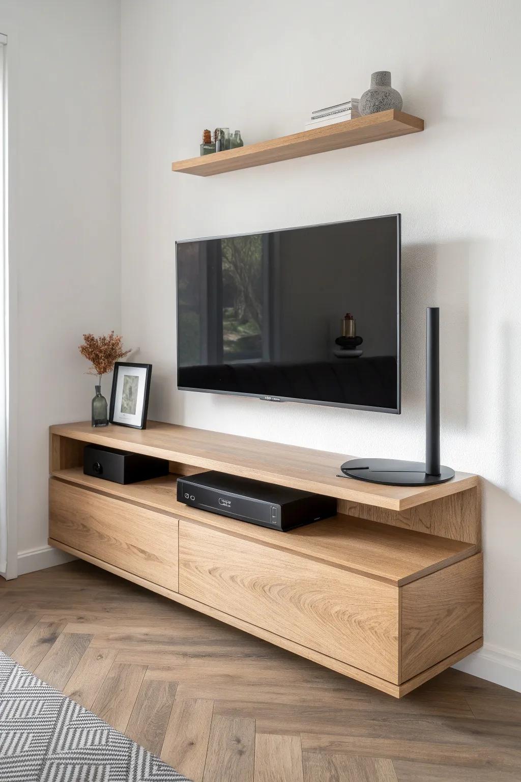 A corner TV shelf with a slim ledge keeps your soundbar centered, stable, and polished.