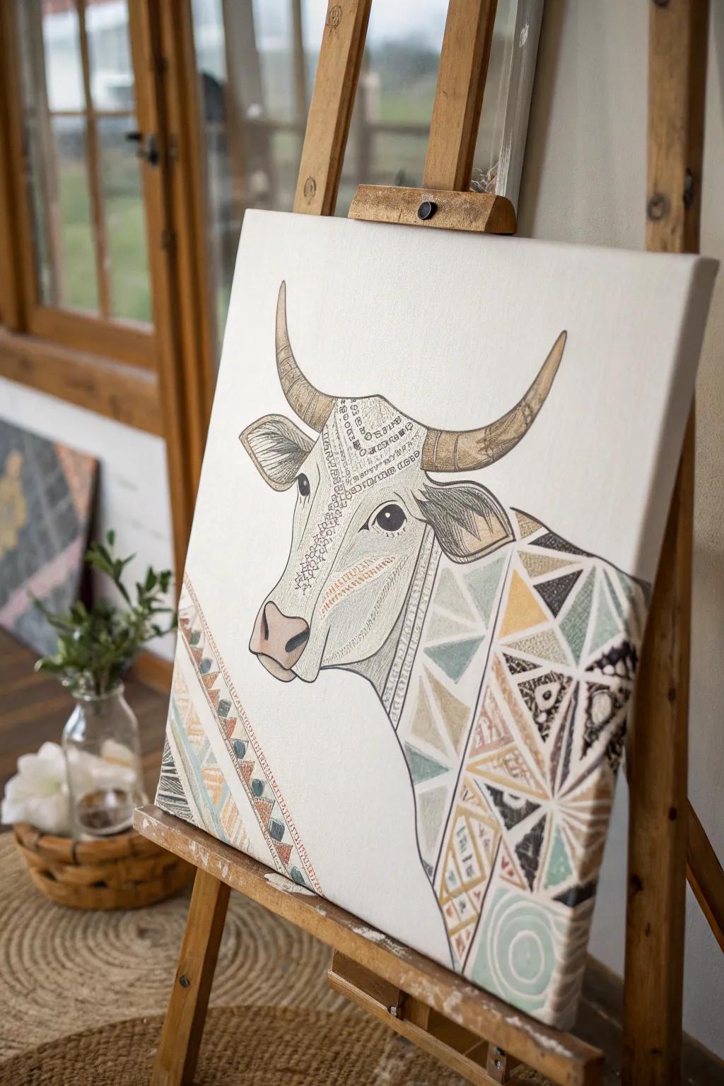 Transform your space with a modern cow painting that beautifully merges geometric designs with natural elegance.