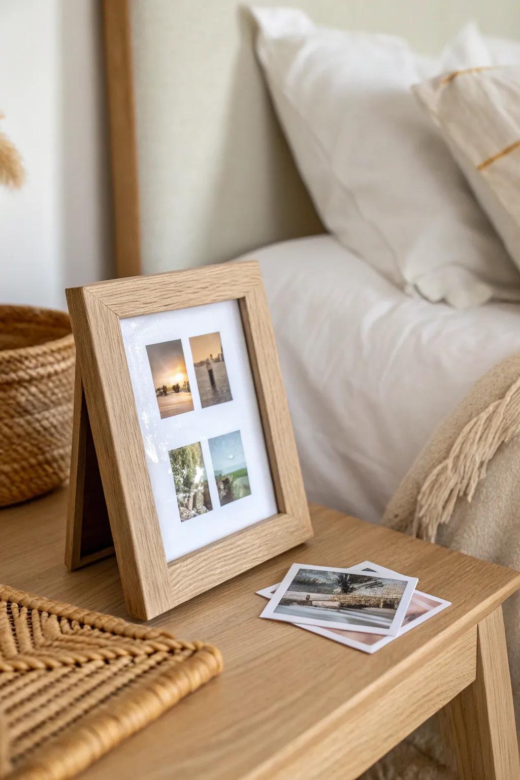 A light oak frame of tiny snapshots brings that relaxed, lived-in coziness to your bedroom.