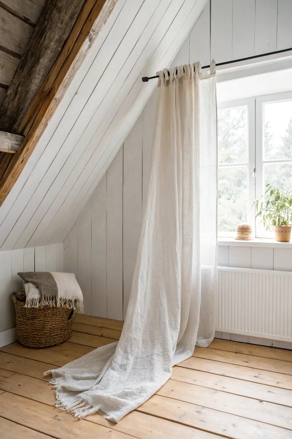 Soft linen curtains blur sharp attic angles, adding an airy, cozy glow without visual clutter.