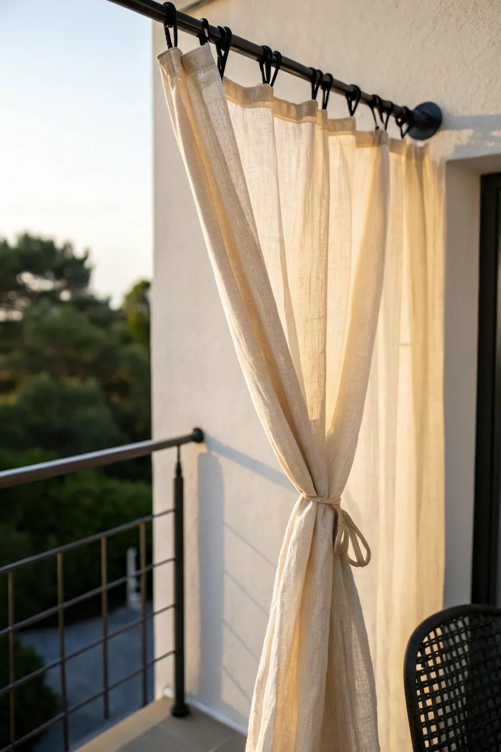 Sheer outdoor curtains add instant privacy and turn a tiny balcony into a cozy hideaway.