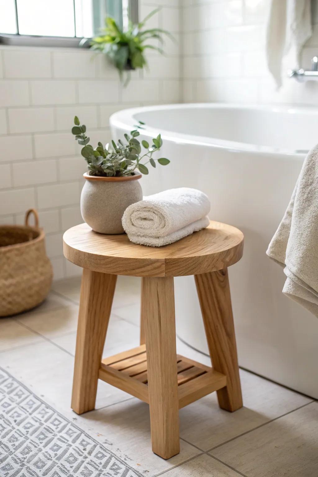 A small wooden stool adds instant warmth—perfect for towels and a spa-like touch in tiny baths.