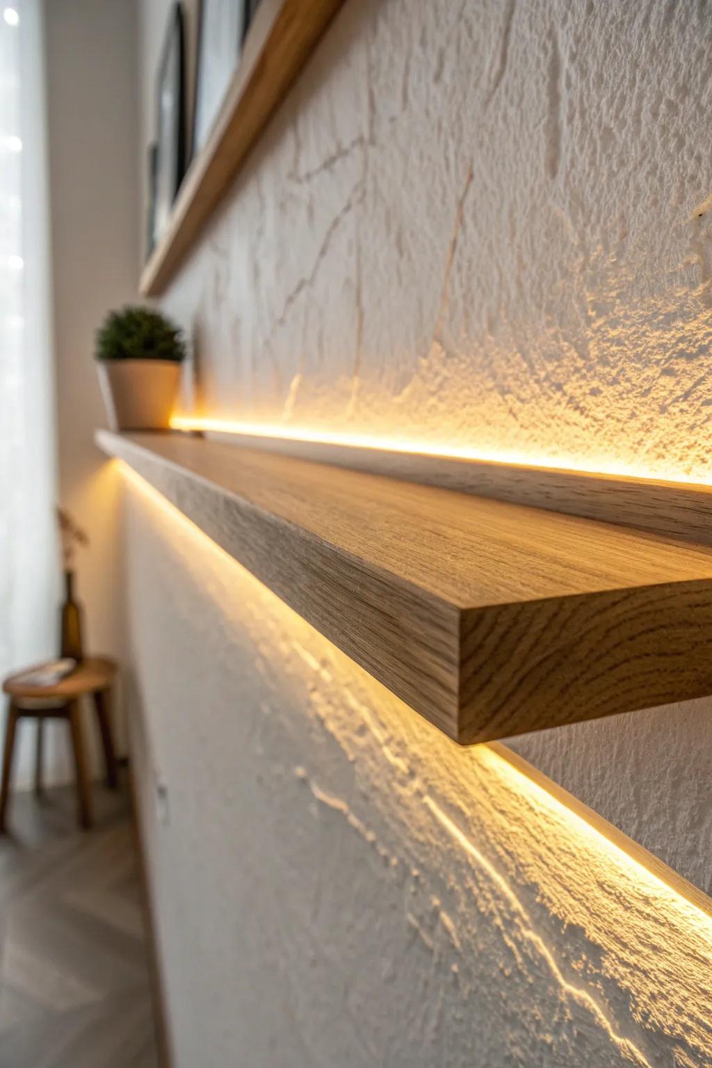 Warm under-shelf LED strip lighting turns a dark wall into a cozy, styled moment—no clutter.