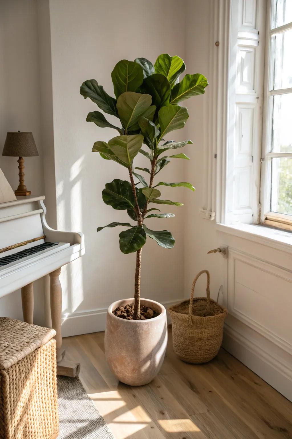 A tall leafy plant softens the piano’s lines, making even a tiny practice nook feel cozy.