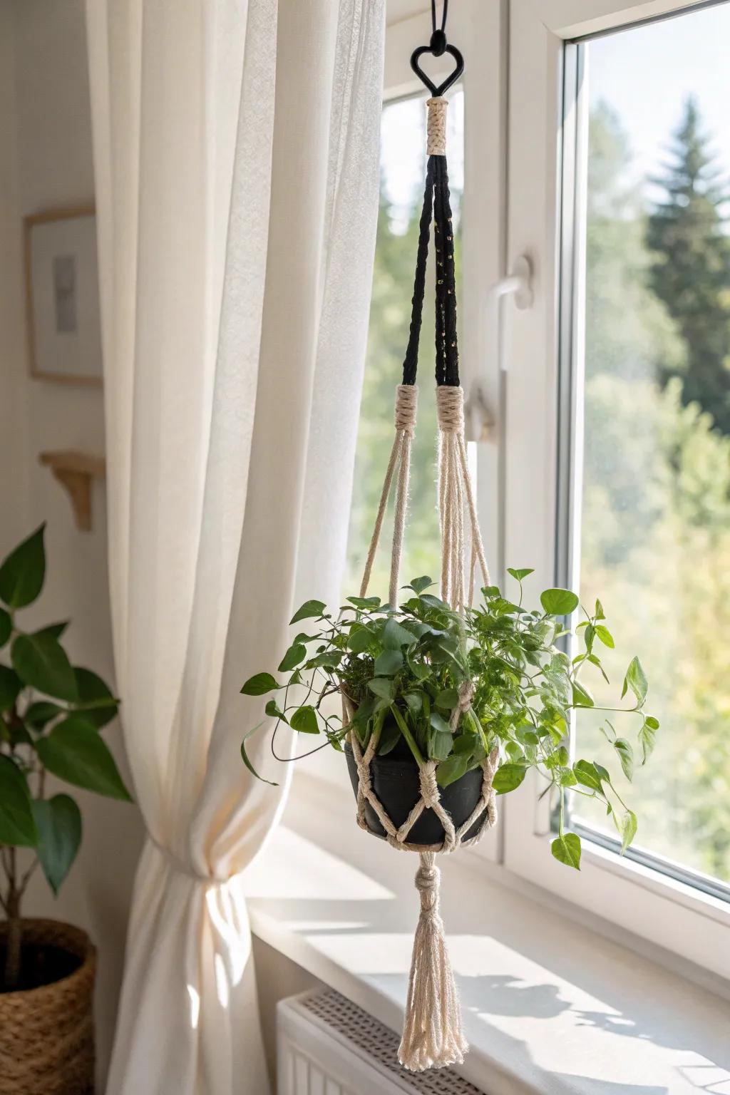 A macramé hanging planter adds lush greenery while keeping tiny sunroom floors clear.