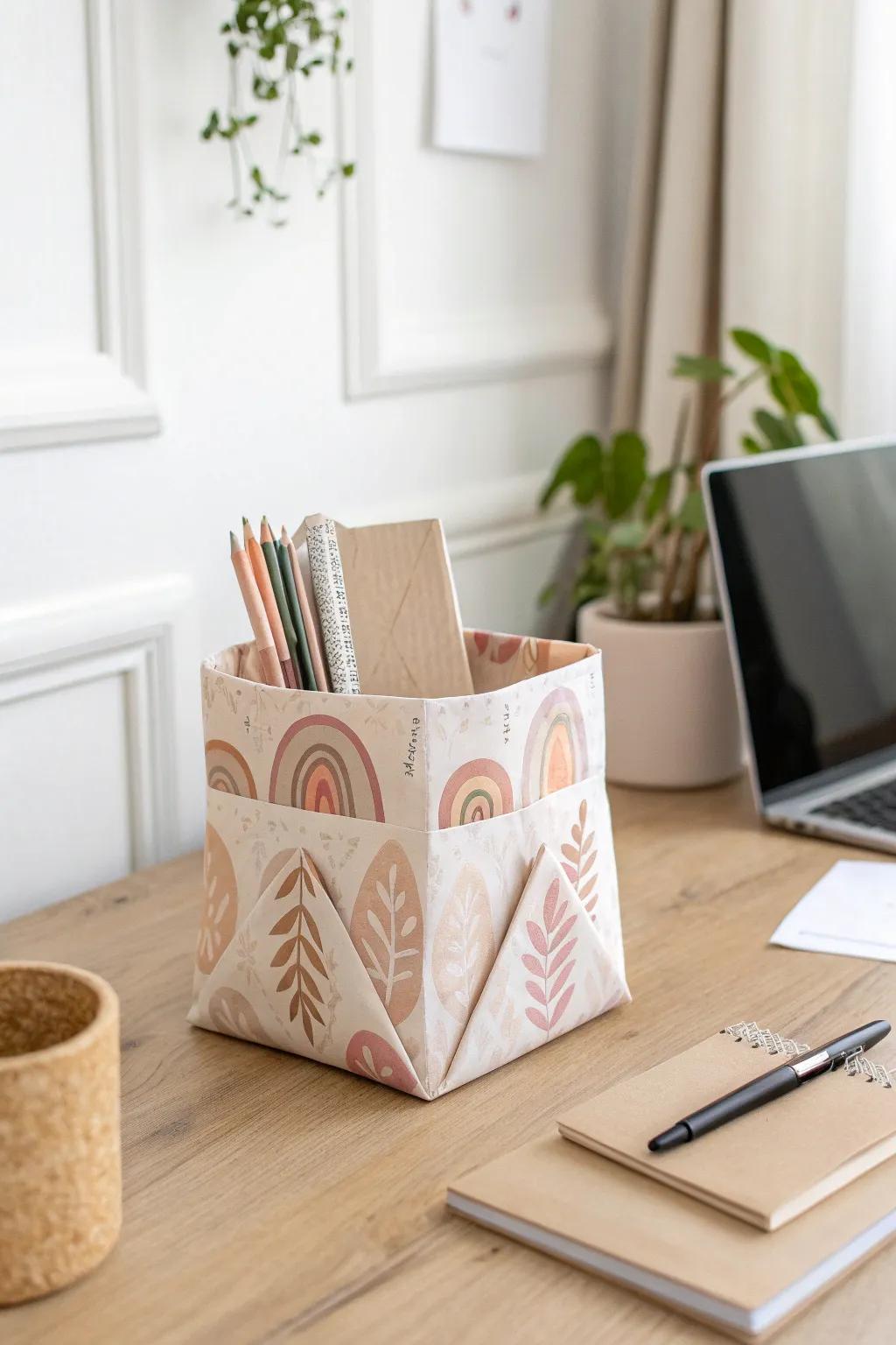 Elevate your desk with personalized paper bag stationery holders, merging simplicity and style.