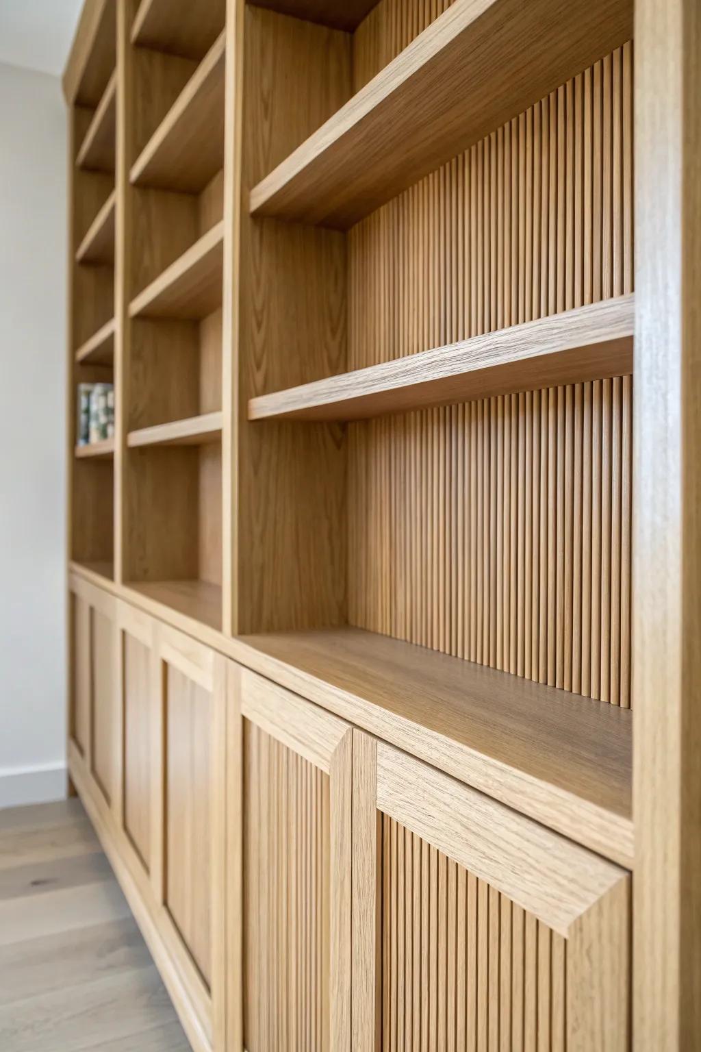 Plain shelves, elevated: simple trim adds texture and a custom cabinetry look in minutes.