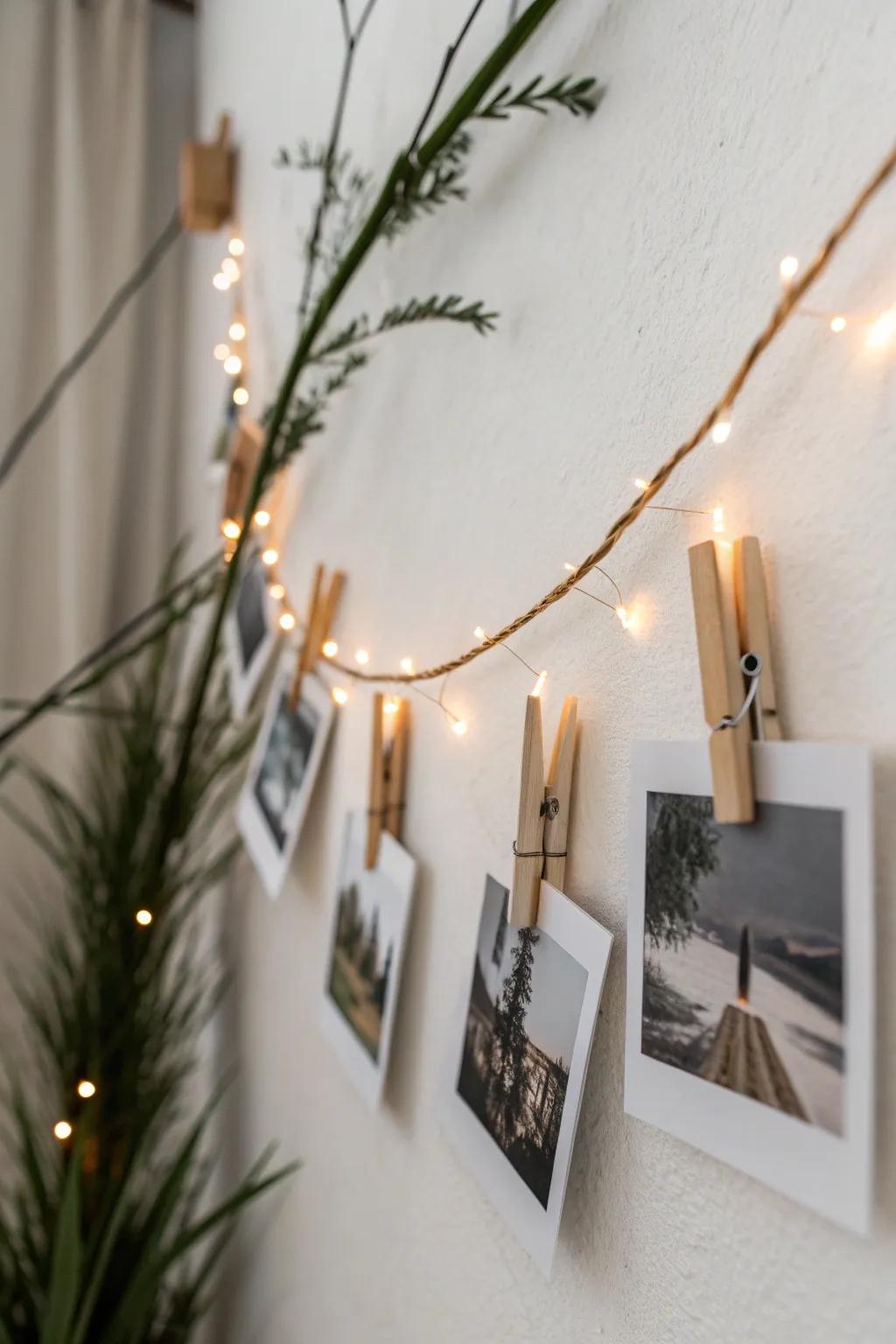 Warm photo clip lights add personal charm and cozy glow to a minimalist cubicle wall.