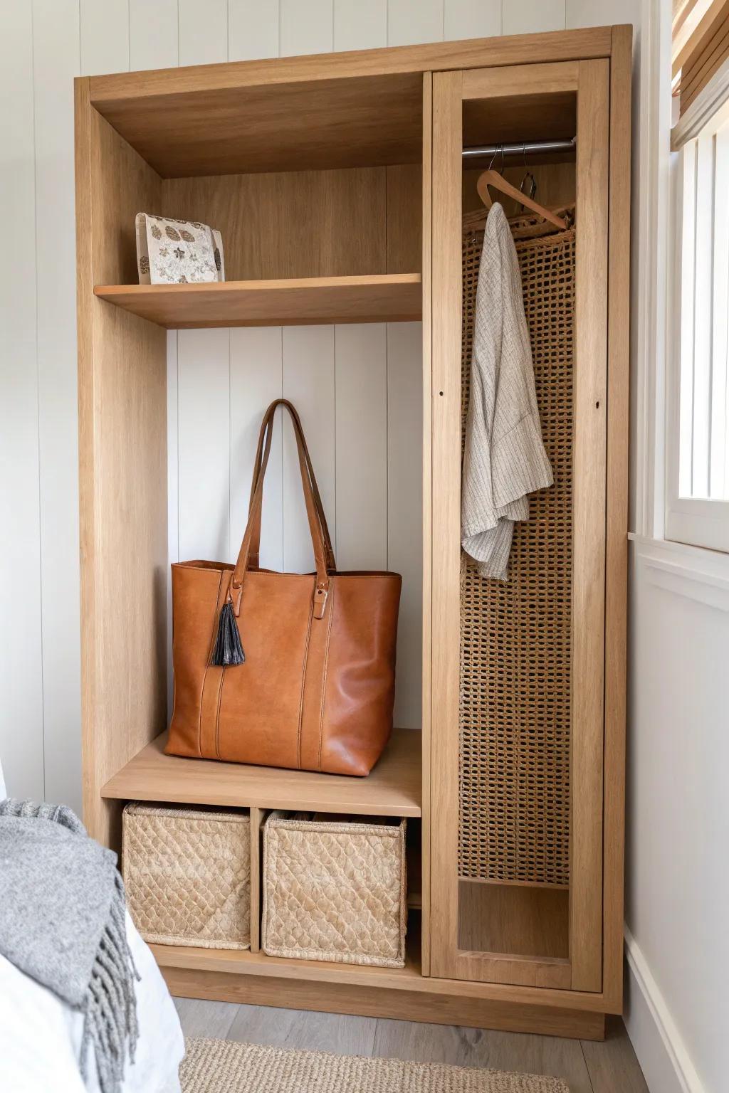 Perfect-fit closet cubbies keep your favorite totes upright, protected, and easy to grab.