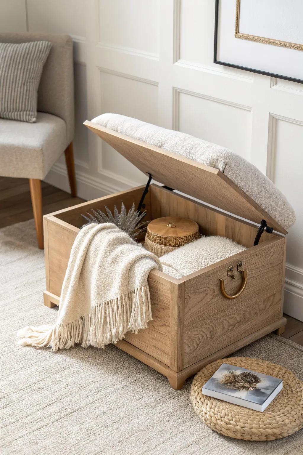 Hidden-storage ottoman: stash blankets & cords so your tiny apartment stays cute and calm.