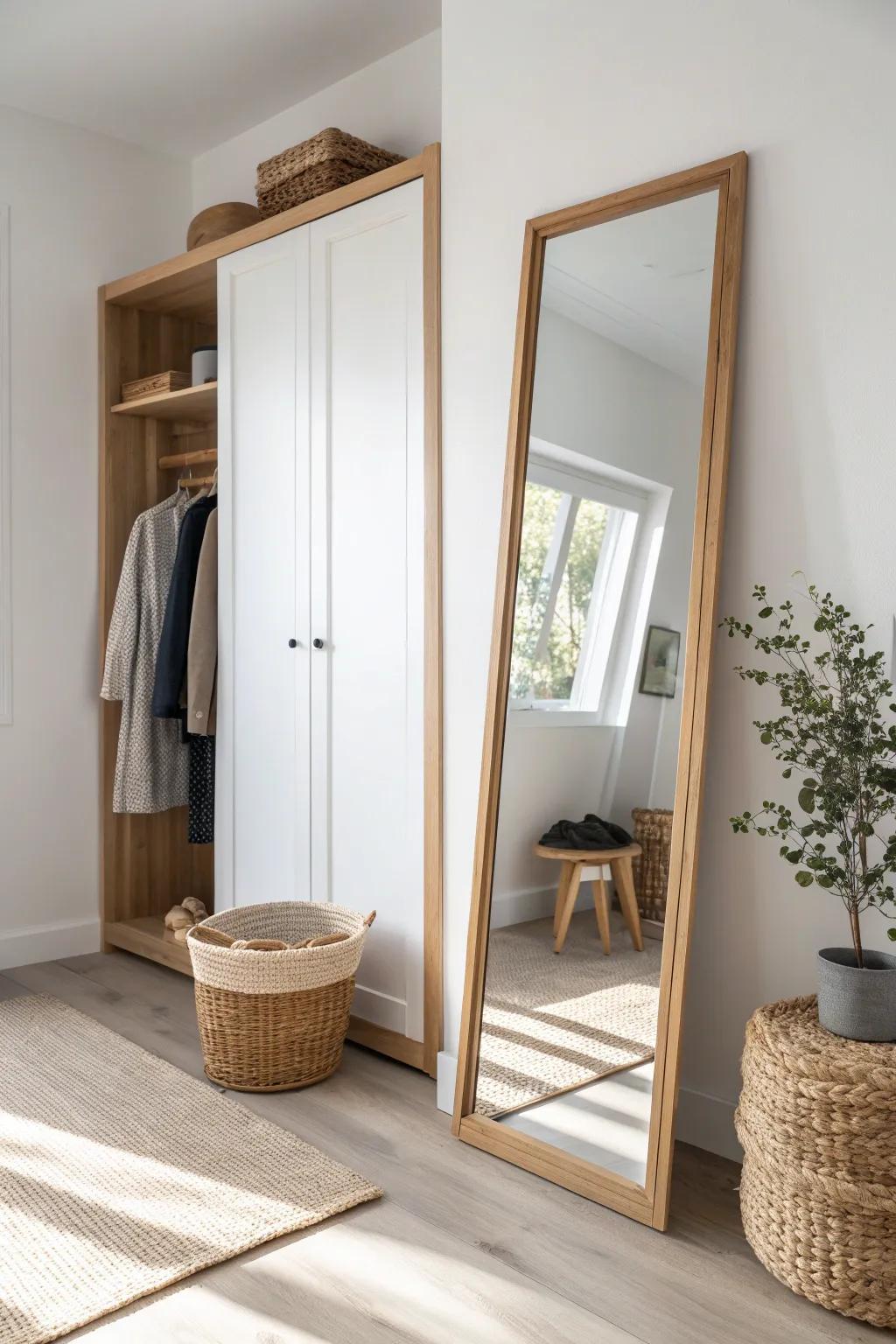 Turn a tiny closet into a mini fitting room with a full-length mirror on the back wall.