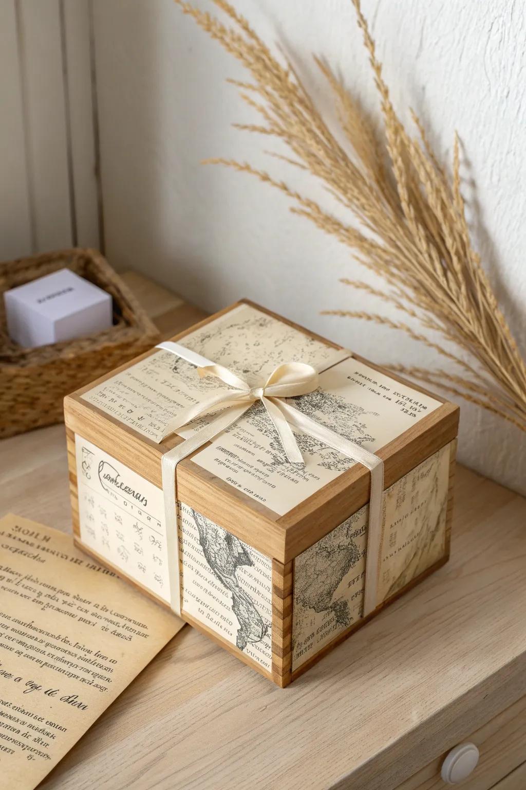 Wrap a box in vintage letters and map scraps for a cozy, collected-over-time look.