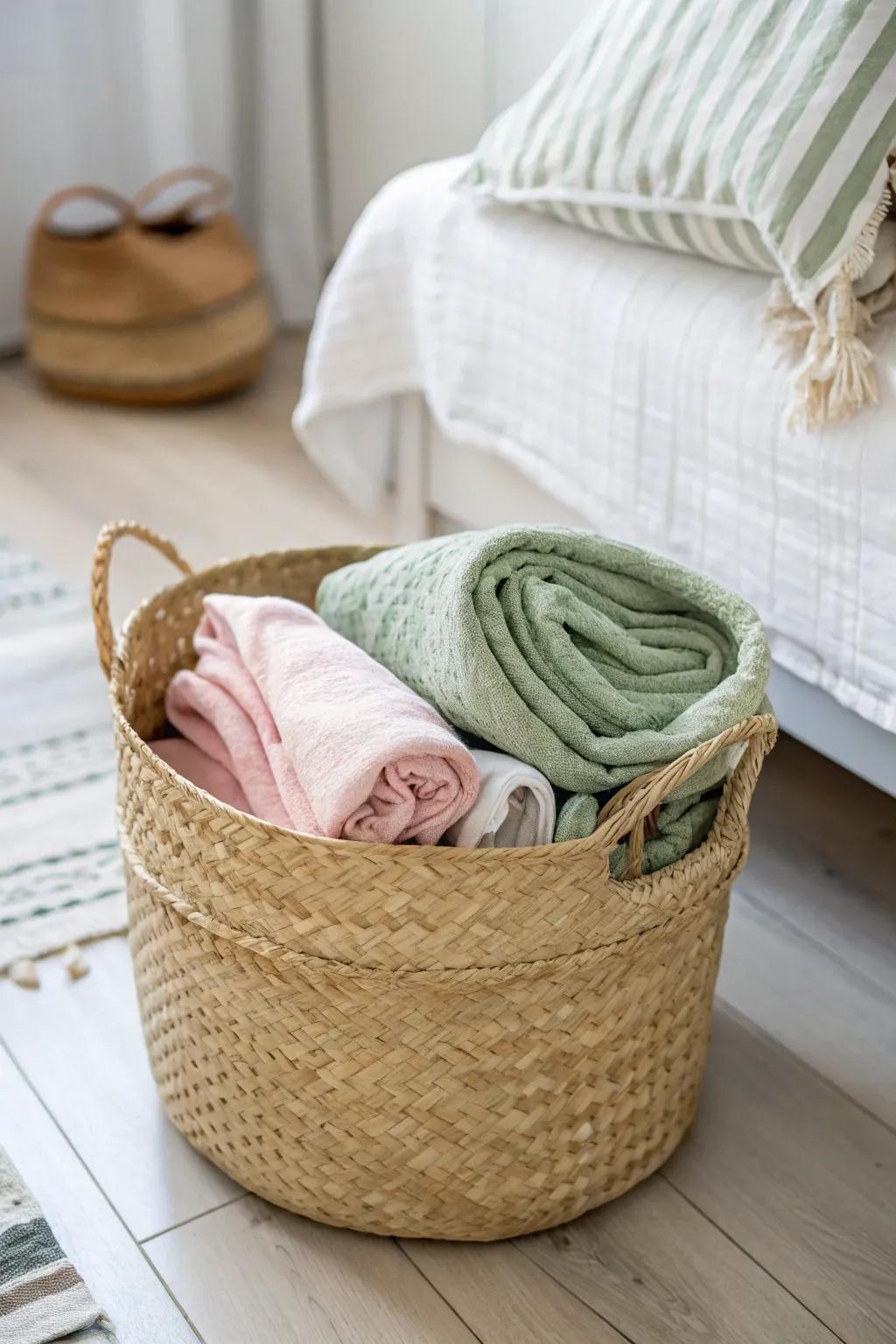 A woven basket of cozy blankets makes any kid’s daybed instantly sleepover‑ready.